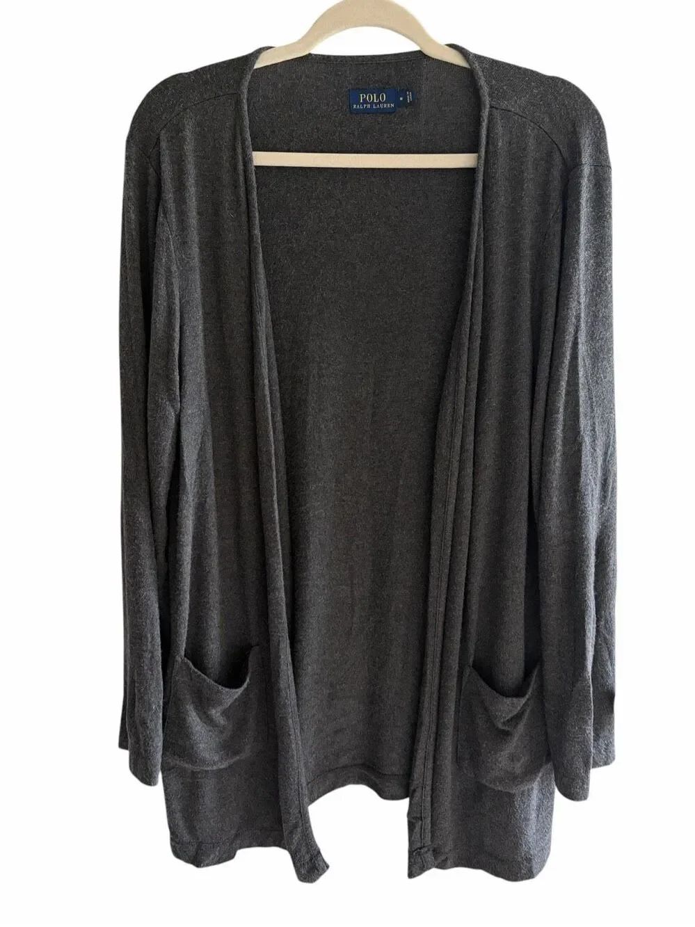 Polo Ralph Lauren Logo Gray Open Front Cardigan Lounge Sweater Women’s Sz Medium